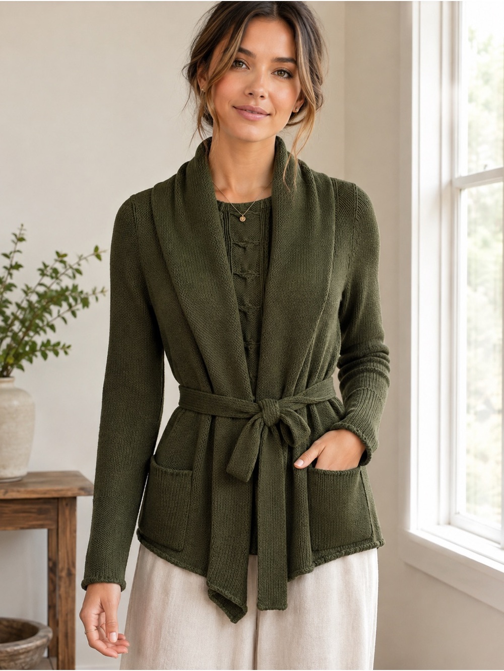 Vintage Anthropologie Sparrow wool blend Belted Cable Knit Wrap Cardigan M fall